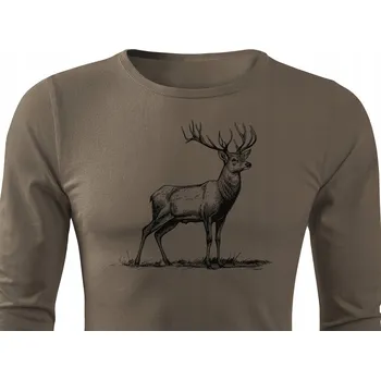 Pánské tričko Bavlněné pánské tričko hnědé lovecké barvy se vzorem BÝK - JELEN, vel. S