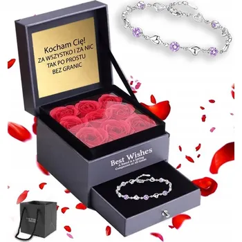 umělá květina DÁREK K VALENTÝNU STABILIZOVANÁ RŮŽE VE SKLE + NÁRAMEK + GRAVÍROVÁNÍ PŘÁNÍ