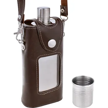 Placatka Láhev na alkohol v pouzdře 330ml s pohárkem (Nerezová placatka s nerezovým pohárkem)