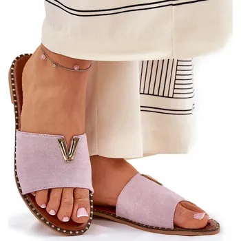 Dámské pantofle NAZOUVÁKY DÁMSKÉ ECO SEMIŠOVÉ NA NÍZKÉM PODPATKU S OZDOBNÝMI DETAILY FIALOVÉ VEL. 37