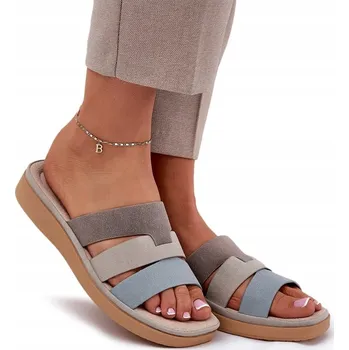 Dámské pantofle NAZOUVÁKY DÁMSKÉ POHODLNÉ NA PLATFORMĚ EKO SEMIŠOVÉ BÉŽOVO-MODRÉ 37