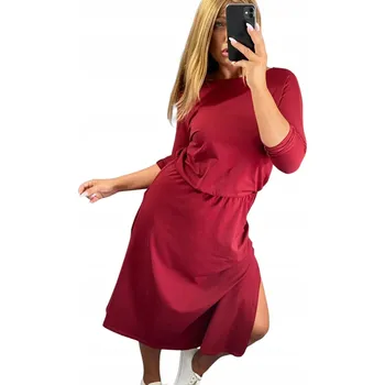 Dámské šaty V600 BAVLNĚNÉ ŠATY S KRÁTKÝM RUKÁVEM ODSTŘIŽENÁ BORDÓ vel. 50 (5XL)