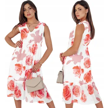 Dámské šaty ŠATY ROZKLOSOVANÉ MIDI S KVĚTINOVÝM VZOREM BÍLÉ EY2523 - S