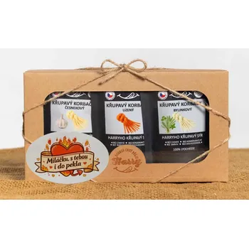 Dárková krabička Křupavý sýr Dárková sada 3 druhů lyo korbáčiků od Bači Miláčku s Tebou i do pekla Srdce (Křupavý sýr Dárková sada 3 druhů lyo korbáčiků od Bači Miláčku s Tebou i do pekla Srdce)