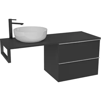 Koupelnový nábytek CERANO - Deska pod umyvadlo Navira Slim - 141x46,5x1,8 cm - skříňka Velora 69 cm - černá matná, chromová úchytka - konzole černá