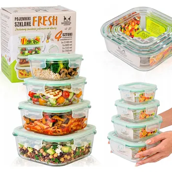 Dóza na potraviny Skleněné NÁDOBY na POTRAVINY 1,1L - 0,3L ŽÁRUVZDORNÉ 4 kusy LUNCHBOX