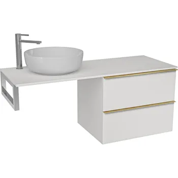 Koupelnový nábytek CERANO - Deska pod umyvadlo Navira Slim - 141x46,5x1,8 cm - skříňka Velora 69 cm - bílá matná, zlatá úchytka - konzole chrom