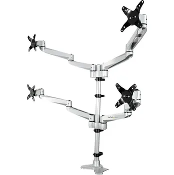 Držák monitoru StarTech.com Desk Mount Quad Monitor Arm, Premium Articulating VESA 4 Monitor Mount 2x2 up to 27", Ergonomic Height Adjustable Pole Mount, Tilt/Swivel/Rotate, C-Clamp/Grommet, Silver - Heavy-duty VESA Mount (ARMQUADPS) montážní sada - nastavitelné rameno 