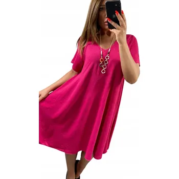 Dámské šaty V634 ŠATY KRÁTKÝ RUKÁV HLADKÁ S PŘÍVĚSKEM FUCHSIOVÁ vel. 46 (3XL)