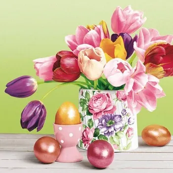 Papírový ubrousek Ubrousky DAISY L (20ks) Pastel Tulips Bouquet with Golden Eggs