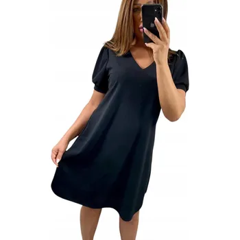 Dámské šaty V657 ŠATY KRÁTKÝ RUKÁV HLADKÝ VÝSTŘIH V-NECK ČERNÁ vel. 42 (XL)
