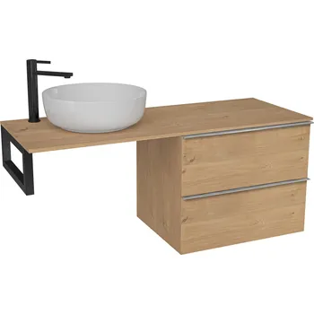 Koupelnový nábytek CERANO - Deska pod umyvadlo Navira Slim - 121x46,5x1,8 cm - skříňka Velora 59 cm - dub medový, chromová úchytka - konzole černá