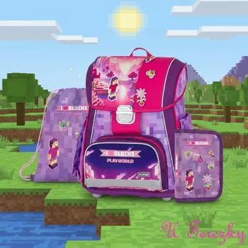 Školní batoh Školní set 3ks PREMIUM Playworld Girl ve stylu Minecraft sada batoh, penál, sáček 0-90326/03