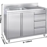 G.Gastro Dřezová skříňka z nerezové oceli se 3 šuplíky - 1,2 m - 1 dřez vlevo - D 50 x Š 50 cm