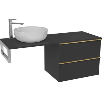 Koupelnový nábytek CERANO - Deska pod umyvadlo Navira Slim - 121x46,5x1,8 cm - skříňka Velora 59 cm - černá matná, zlatá úchytka - konzole chrom