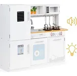 Dětská dřevěná kuchyňka s LED osvětlením a hrnci; bílá; dřevo, kov, plast