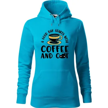 Dámská mikina DOBRÝ TRIKO Dámská mikina s potiskem Coffee and cat Velikost dámské mikiny: L, Barva: Tyrkysová