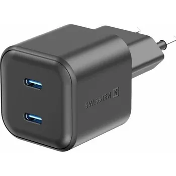 Mobilní telefon Nabíječka do sítě Swissten síťový adaptér GaN 2x USB-C 20W Power Delivery černý
