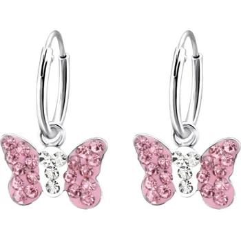 Náušnice Stříbrné dětské náušnice kruhové se zavěšeným motýlkem s růžovými zirkony