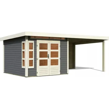 Zahradní domek KARIBU HOLZTECHNIK dřevěný domek KARIBU KASTORF 6 + přístavek 320 cm včetně zadní stěny (31547) terragrau LG3578