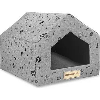 Pelíšek pro psa Domeček z houby Lair šedý kostěný vzor černý 50x40cm v38cm Kingdog