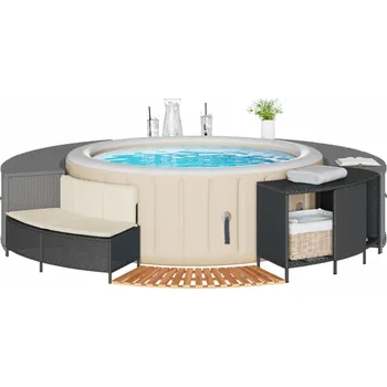 Obruba k vířivce černá polyratan a masivní akáciové dřevo