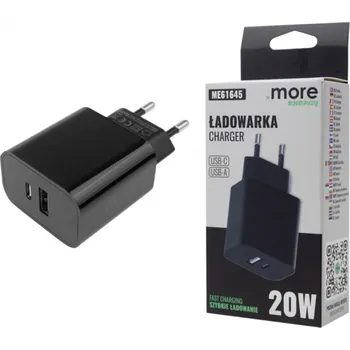 Nabíječka baterií Duální rychlonabíječka do zásuvky 20W Napájecí zdroj USB-C USB-A Cube Černá