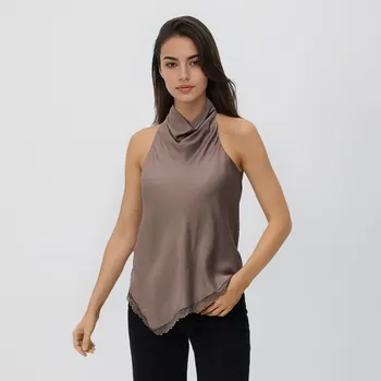 Reserved - Saténový top s krajkou - béžová - 490KH-08X - 490KH-08X-XS