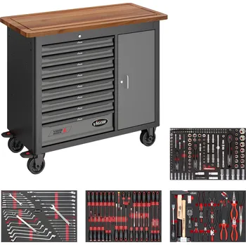 Dílenský stůl VIGOR V5156, Mobilní pracovní stůl řady L s nářadím | 256 dílný, Rozměry 1091x481x1018 mm