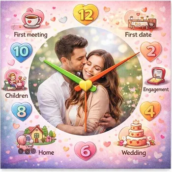 Hodiny Hodiny z vlastní fotografie - seznámení - 20x20 cm / Plast / Karikatura