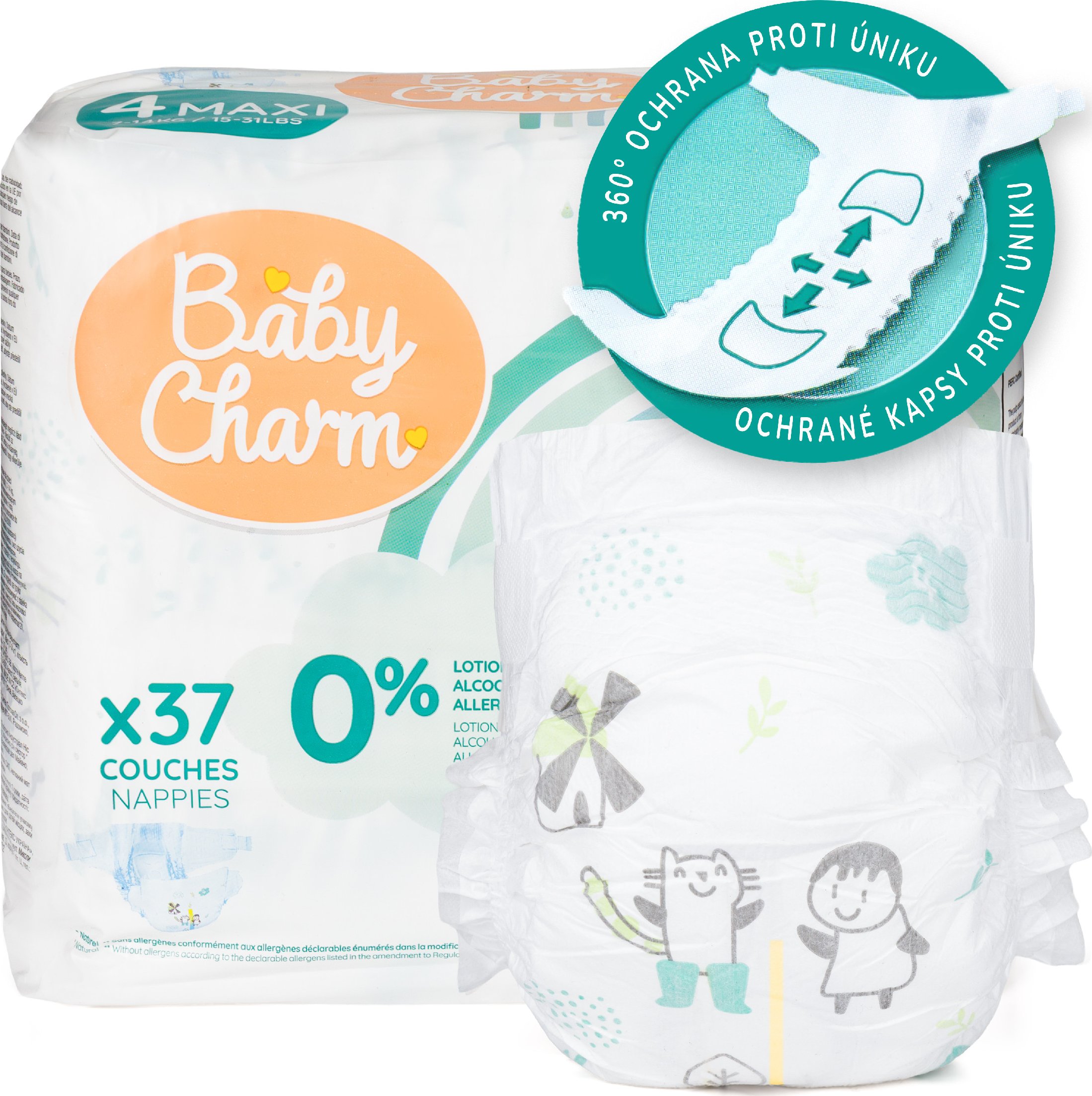 BabyCharm Premium s Indikátorem vlhkosti Maxi , 7-14 kg , 37 ks