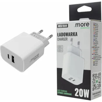 Cestovní adaptér Dvojitá rychlonabíječka do zásuvky 20W, napájecí zdroj USB-C, USB-A, kostka, bílá