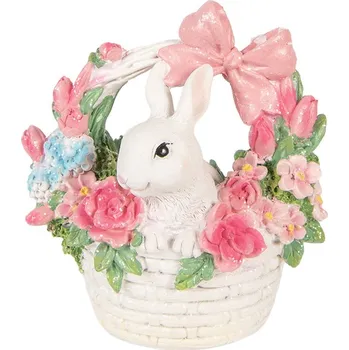 Dekorace bílý králíček v košíčku s květy - 15*9*16 cm