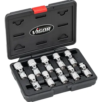 VIGOR V7513, Sada kloubových nástrčných klíčů | 3/8 palce čtyřhran dutý, 10-dílný, 10 – 19 mm