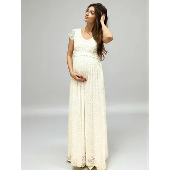 Těhotenská móda Těhotenské svatební šaty Aurelia - smetanově bílé, krajkové Velikost: S