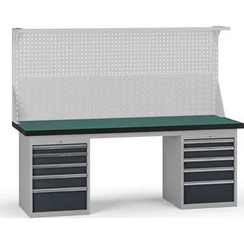 Dílenský stůl B2B Partner Pracovní stůl do dílny G8 s nástavbou, 2100 x 750 x 800 mm, 2x kontejner, 10 zásuvek, grafit