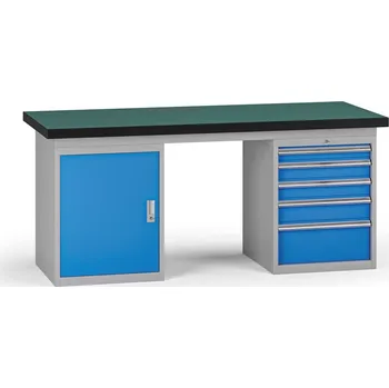 Dílenský stůl B2B Partner Pracovní stůl do dílny G8, 1800 x 750 x 800 mm, 1x skříňka, 1x kontejner, 5 zásuvek, modrá