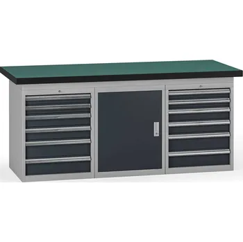 Dílenský stůl B2B Partner Pracovní stůl do dílny, 1800 x 750 x 800 mm, 1x skříňka, 2x kontejner, 12 zásuvek, grafit
