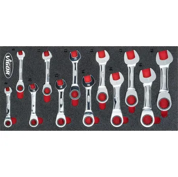 VIGOR V5075, Sada ráčnových očko-plochých klíčů krátká | 12-dílná, 8–19 mm, vnější dvojitý šestihran