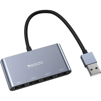 USB hub Yesido - Dokovací stanice 4v1 (HB12) - USB na 4x USB, Plug & Play, 480Mbps, 15cm - šedá