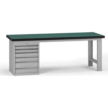 Dílenský stůl B2B Partner Pracovní stůl do dílny G8, 2100 x 750 x 800 mm, 1x kontejner, 6 zásuvek, šedá