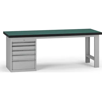 Dílenský stůl B2B Partner Pracovní stůl do dílny G8, 2100 x 750 x 800 mm, 1x kontejner, 5 zásuvek, šedá
