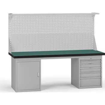 Dílenský stůl B2B Partner Pracovní stůl do dílny G8 s nástavbou, 2100 x 750 x 800 mm, 1x skříňka, 1x kontejner, 5 zásuvek, šedá