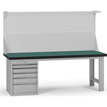 Dílenský stůl B2B Partner Pracovní stůl do dílny G8 s nástavbou, 2100 x 750 x 800 mm, 1x kontejner, 5 zásuvek, šedá