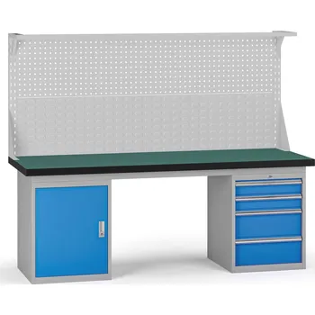 Dílenský stůl B2B Partner Pracovní stůl do dílny G8 s nástavbou, 2100 x 750 x 800 mm, 1x skříňka, 1x kontejner, 4 zásuvky, modrá