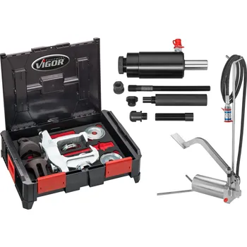 Sada nářadí VIGOR V5554, Sada pro demontáž a montáž kompaktních ložisek kol | 28 dílů, hydraulická nožní pumpa