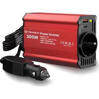 Měnič napětí Techsuit - Měnič napětí do auta FlexiCarVolt (IA1) - Type-C, USB-A, kapesní zásuvka, PD65W, 300W - červený