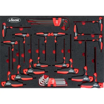 VIGOR V5175, Sada úhlových štoubováků a šroubováků s T-rukojetí | Vnitřní profil TORX®, vnitřní šestihran, 34-dílná