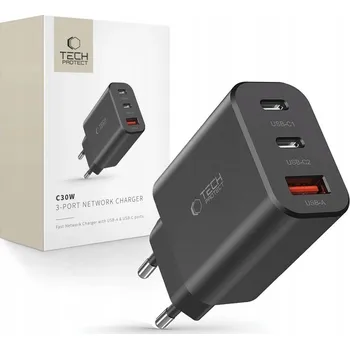Síťová nabíječka Tech-Protect NC30W 2x USB-C PD 30W / USB-A QC 3.0 černá