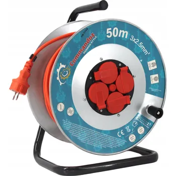 Napájecí kabel PRODLUŽOVACÍ KABEL BUBN 50m 3×2,5mm2 KOVOVÝ NA STAVEBNÍM BUBNU 4 ZÁSUVKY